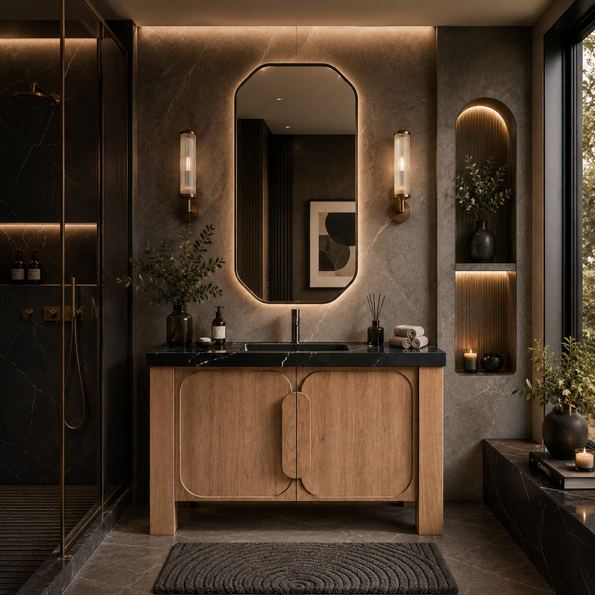 Bathroom with wooden vanity, white countertop, and decorative elements.