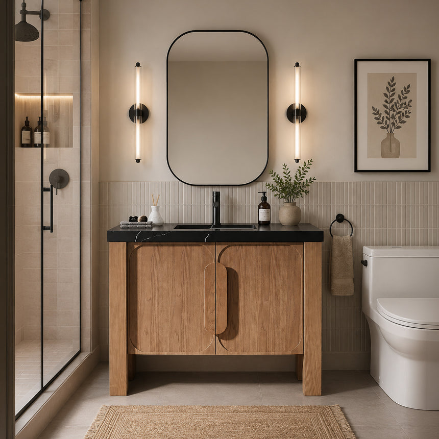 Bathroom with wooden vanity, white countertop, and decorative elements.