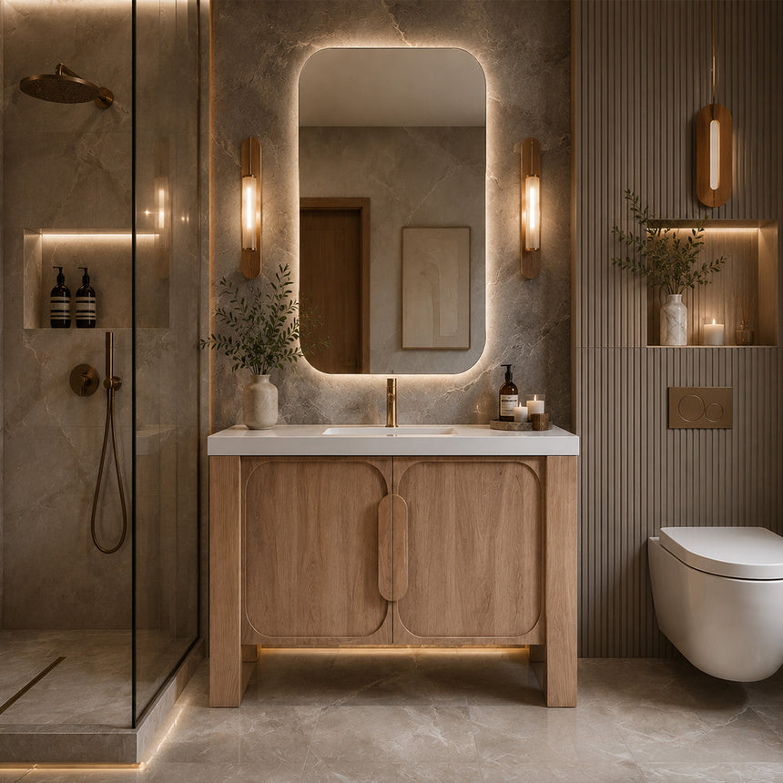 Bathroom with wooden vanity, white countertop, and decorative elements.