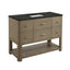 A modern bathroom vanity with a textured gray wood grain finish, featuring six drawers, a black marble top, and a built-in white sink, shown on a solid white background.