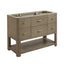 A modern bathroom vanity cabinet with a textured wood grain finish in taupe-brown, featuring six drawers, a lower open shelf, and integrated sink basins on top, shown on a plain white background.
