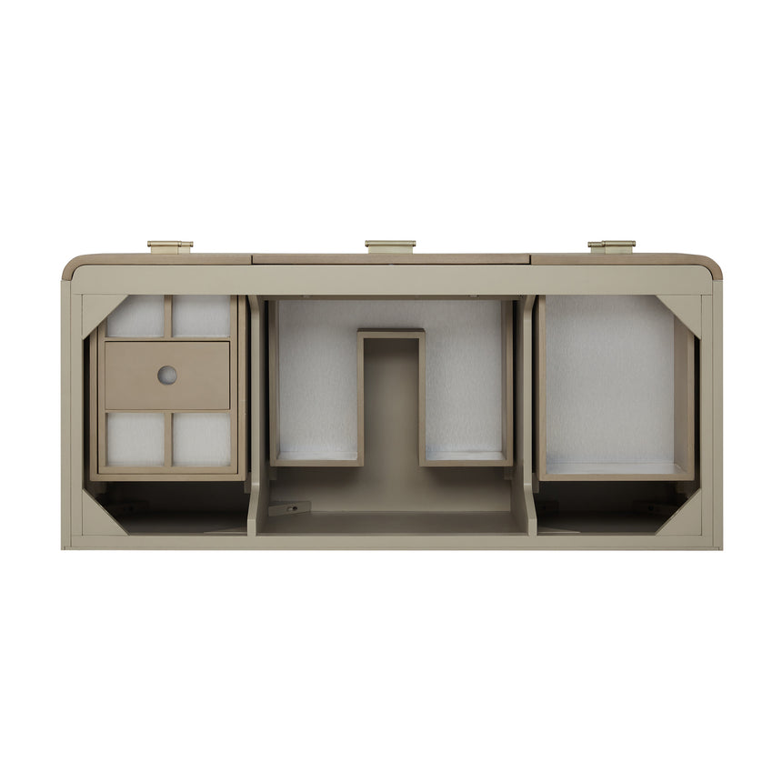 A modern bathroom vanity with a light oak wood frame, six drawers, an open lower shelf, and a white marble top with an integrated sink. The vanity is styled in a bright bathroom with a white freestanding tub, a gold faucet, and a glass shower stall in the background.