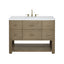 A single bathroom vanity with a white countertop, six drawers, an open lower shelf, and a gold faucet, shown on a plain white background.