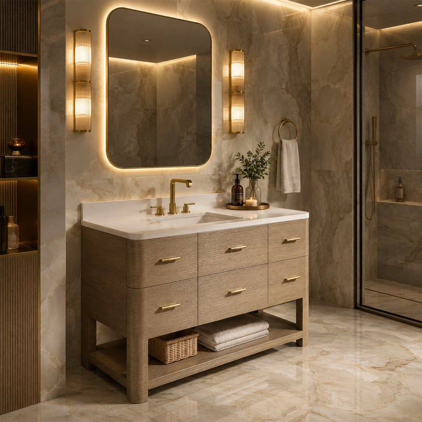 A modern bathroom vanity with a light oak wood frame, six drawers, an open lower shelf, and a white marble top with an integrated sink. The vanity is styled in a bright bathroom with a white freestanding tub, a gold faucet, and a glass shower stall in the background.