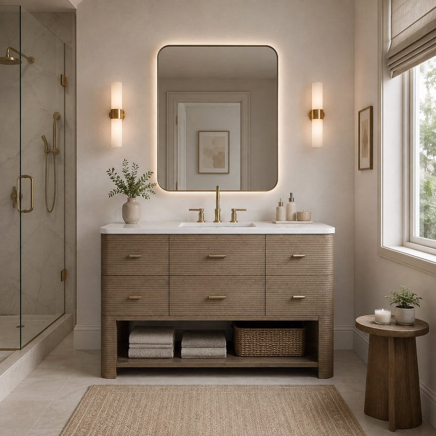 A modern bathroom vanity with a light oak wood frame, six drawers, an open lower shelf, and a white marble top with an integrated sink. The vanity is styled in a bright bathroom with a white freestanding tub, a gold faucet, and a glass shower stall in the background.