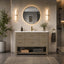 A modern bathroom vanity with a textured wood-look cabinet, white countertop, and a round backlit mirror, shown in a styled bathroom setting with plants, wall sconces, and a shower area.