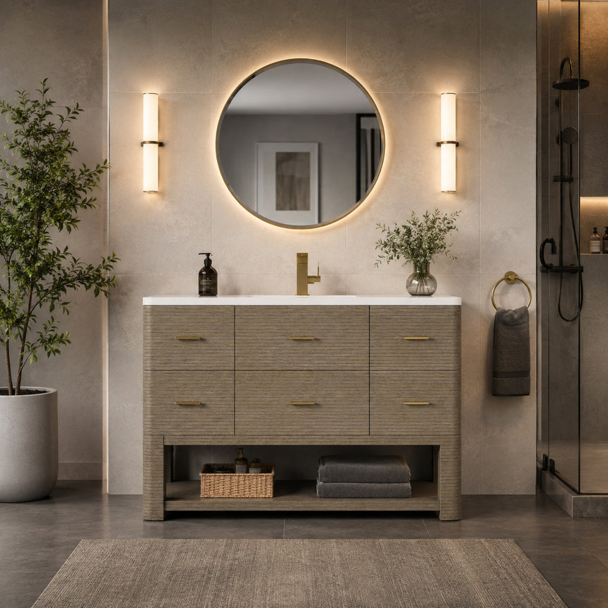 A modern bathroom vanity with a light oak wood frame, six drawers, an open lower shelf, and a white marble top with an integrated sink. The vanity is styled in a bright bathroom with a white freestanding tub, a gold faucet, and a glass shower stall in the background.