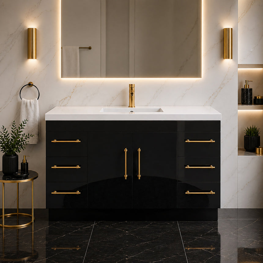Bathroom with wooden vanity, sink, and decorative elements.