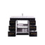 Black bathroom vanity with open drawers on a white background
