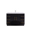 Black bathroom vanity with gold handles on a white background