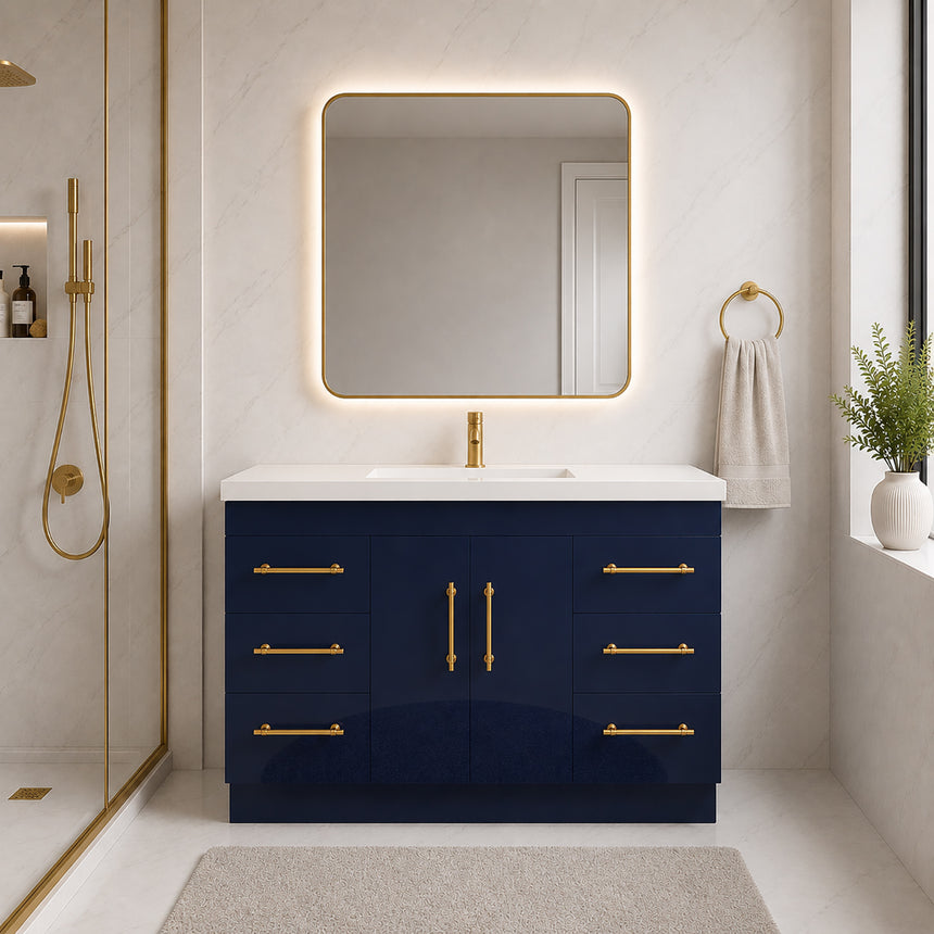Bathroom with wooden vanity, sink, and decorative elements.