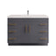 Gray bathroom vanity with white countertop and gold handles on a white background