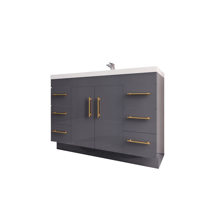 Bathroom with wooden vanity, sink, and decorative elements.