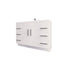 White bathroom vanity with black handles on a white background
