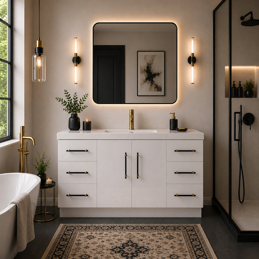 Bathroom with wooden vanity, sink, and decorative elements.