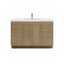 Bathroom vanity with wooden finish, white countertop, and gold handles on a white background