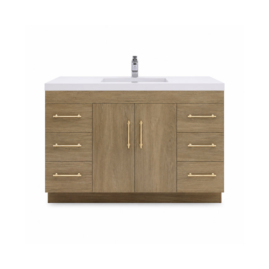 Bathroom with wooden vanity, sink, and decorative elements.