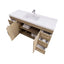 Bathroom vanity with open cabinet doors on a white background