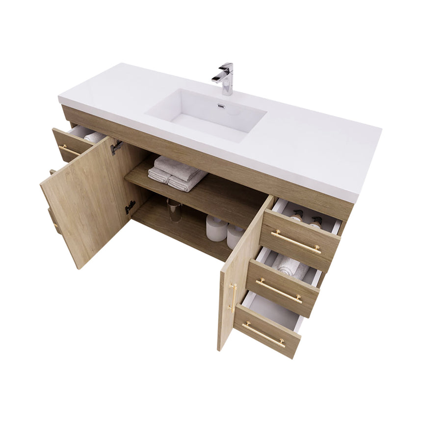 Bathroom with wooden vanity, sink, and decorative elements.