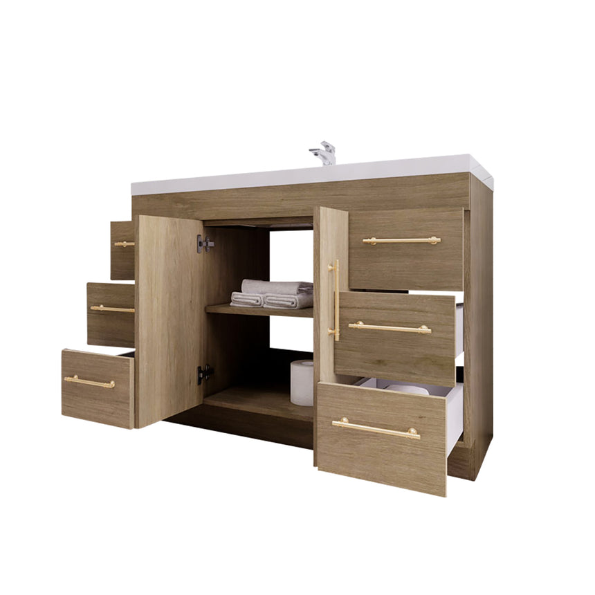 Bathroom with wooden vanity, sink, and decorative elements.