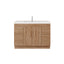 Wooden bathroom vanity with white countertop on a white background