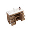 Bathroom vanity with wooden cabinet, white countertop, and open drawers on a white background