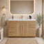 Bathroom vanity with wooden cabinets, white countertop, and decorative elements.