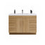 Bathroom vanity with wooden finish and white countertop on a white background