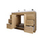 Wooden bathroom vanity with open drawers and cabinets on a white background