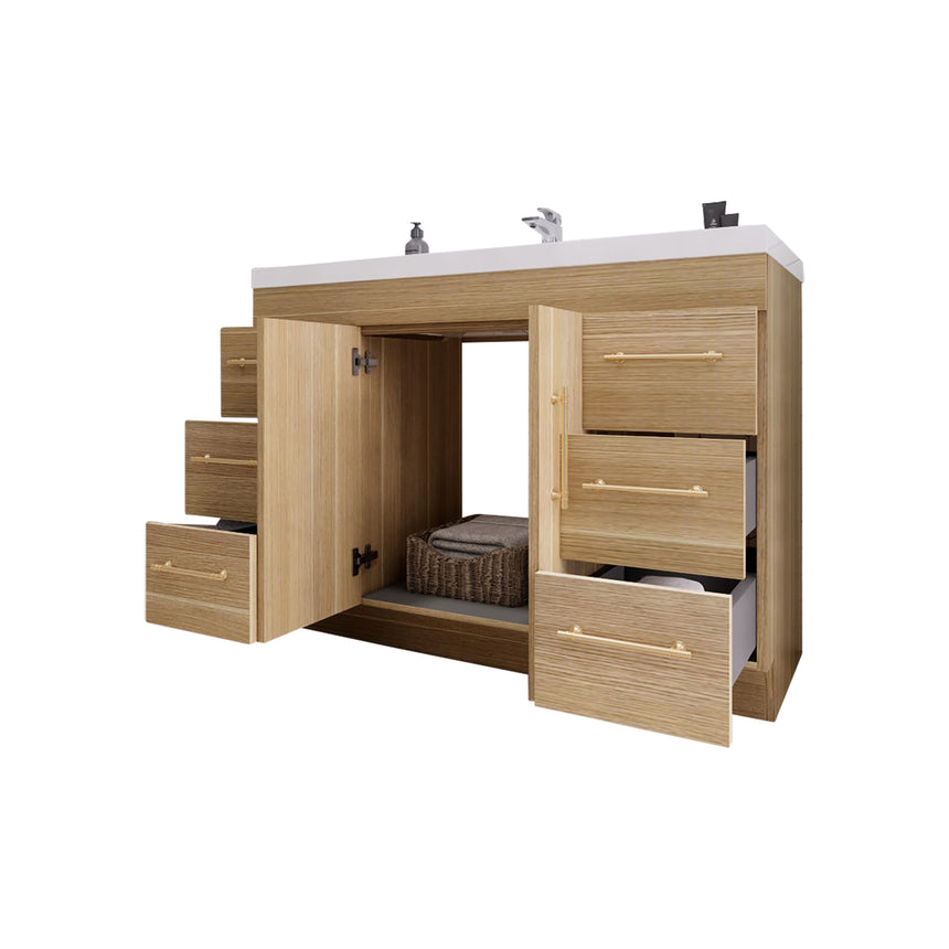 Bathroom with wooden vanity, sink, and decorative elements.