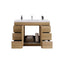 Bathroom vanity with open drawers and a white countertop on a white background