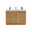 Wooden bathroom vanity with white countertop and gold handles on a white background