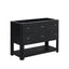 Black wood vanity cabinet with six drawers, brass pull handles, and an open lower shelf, shown on a white background.