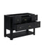 A black wooden vanity with multiple drawers, some open, and a lower shelf, shown on a plain white background.