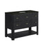 A modern black wood vanity cabinet with six drawers, brass handles, and a dark green marble top, shown on a plain white background.