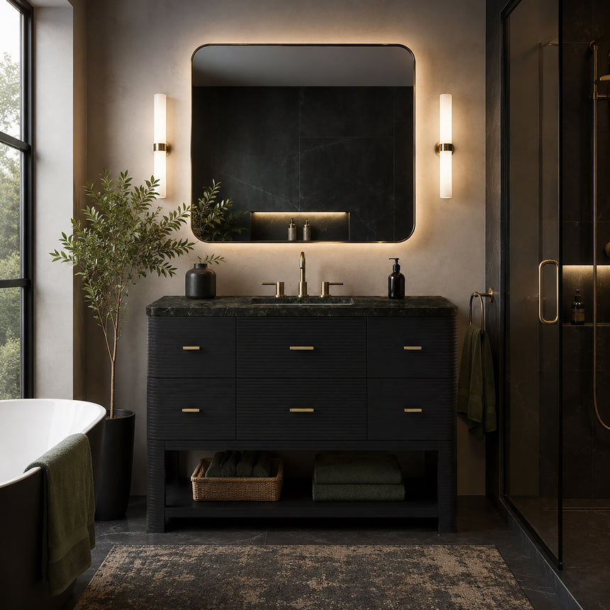 A modern bathroom vanity with a light oak wood frame, six drawers, an open lower shelf, and a white marble top with an integrated sink. The vanity is styled in a bright bathroom with a white freestanding tub, a gold faucet, and a glass shower stall in the background.