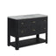 A modern single-sink bathroom vanity with a black wood-grain finish, featuring six drawers, a white marble top, and gold-tone metal handles, shown on a plain white background.