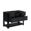 Black textured wood vanity cabinet with multiple drawers, some open to show interior compartments, and small gold-toned handles on a white background.