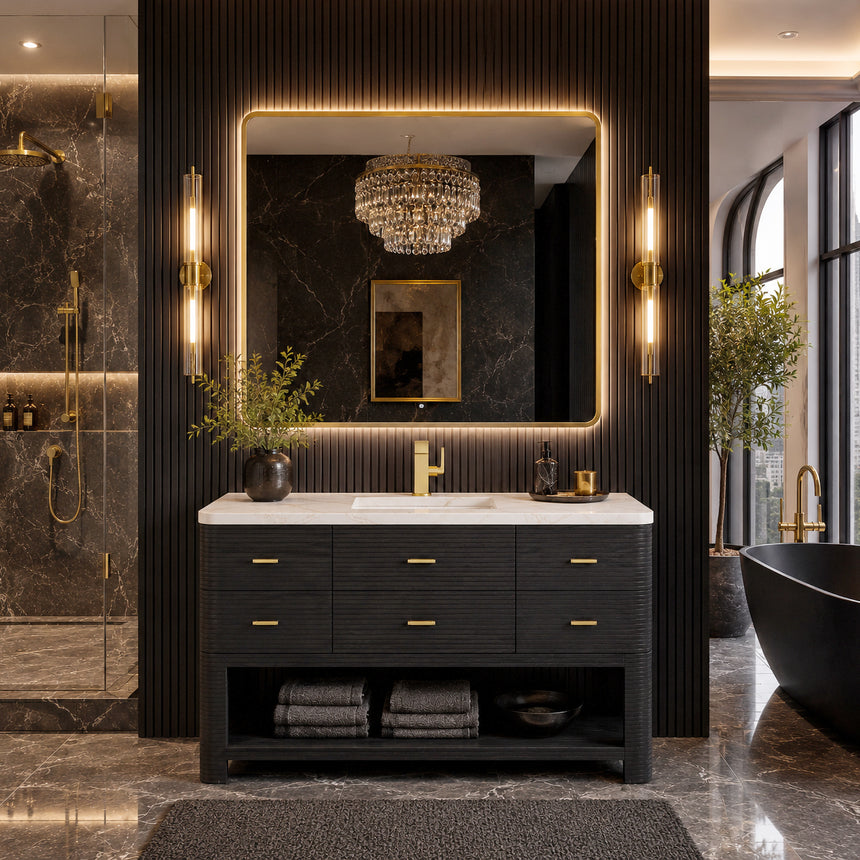 A modern bathroom vanity with a light oak wood frame, six drawers, an open lower shelf, and a white marble top with an integrated sink. The vanity is styled in a bright bathroom with a white freestanding tub, a gold faucet, and a glass shower stall in the background.