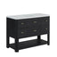A modern 6-drawer bathroom vanity with a black wood-grain finish, a white countertop, and slim gold drawer pulls, shown on a solid white background.