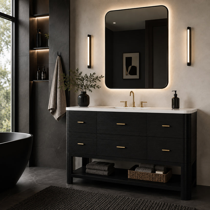 A modern bathroom vanity with a light oak wood frame, six drawers, an open lower shelf, and a white marble top with an integrated sink. The vanity is styled in a bright bathroom with a white freestanding tub, a gold faucet, and a glass shower stall in the background.