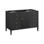 Black bathroom vanity with gold handles on a white background