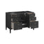 Black vanity with open drawers on a white background