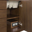 Wooden cabinet with a pull-out tray and electrical outlet.