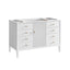 White bathroom vanity with two sinks and multiple drawers on a white background