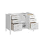 White vanity with open drawers on a white background