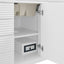 White cabinet with open door revealing a power outlet.
