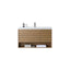 A modern wall-mounted bathroom vanity with a light oak wood frame, horizontal slat front, open lower shelf, white countertop, and a chrome faucet, shown against a plain white background.