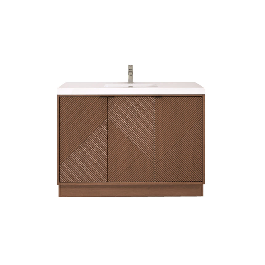 Bathroom vanity with wooden cabinets and decorative elements