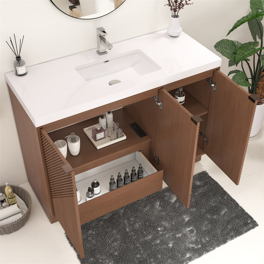 Bathroom vanity with wooden cabinets and decorative elements